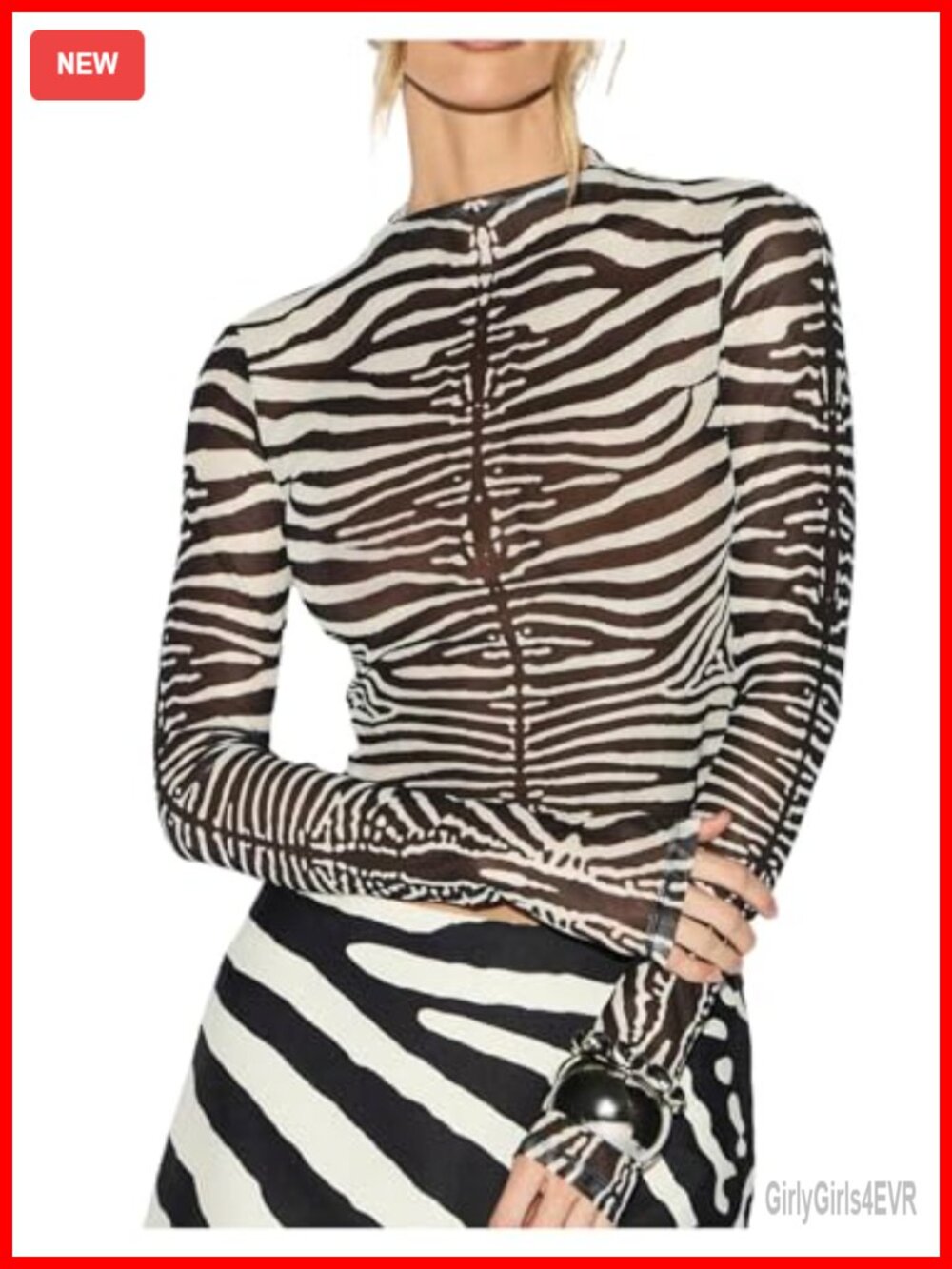 Zebra Print Mesh Long Sleeve Mock Neck Sheer Slim Fit Top